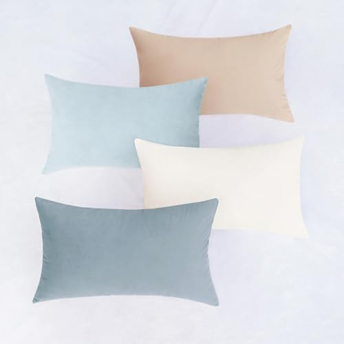 MONDAY MOOSE Decorative Throw Pillow Covers Cushion Cases, Set of 4 Soft Velvet Modern Designs, Mix and Match for Home Decor, Pillow Inserts Not Included (12x20 inch, Beige/Light Blue) - Image 6