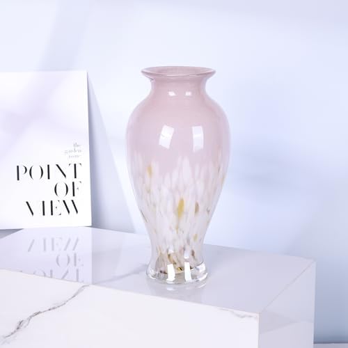 11.8" Tall Pink White Blown Glass Vase, Colorful Opaque Glass Vase, Unique Design Wide Mouth Art Decoration for Home, Living Room, Dining Table, Pampas Grass Decor (Pink White) - Image 2