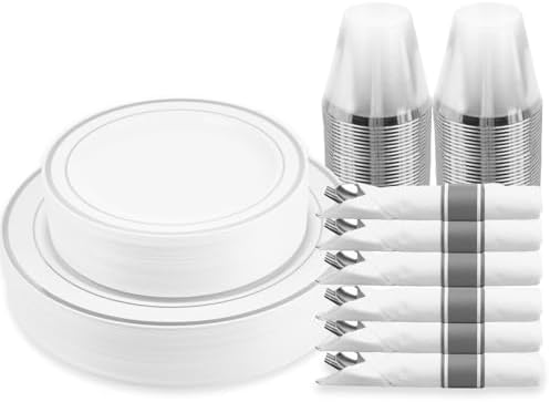 M MCIRCO ﻿175 Piece Silver Dinnerware Set,25 Silver Rim Plastic Plates, 25 Cups,25 Pre Rolled Napkins with Plastic Silverware, Disposable Dinnerware Set for 25 Guest by MMCIRCO
