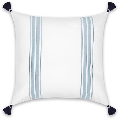 Hofdeco Premium Coastal Patio Indoor Outdoor Throw Pillow Cover Only, 20"x20" Water Repellent for Backyard, Couch, Baby Blue Embroidered Stripes with Tassels - Image 6