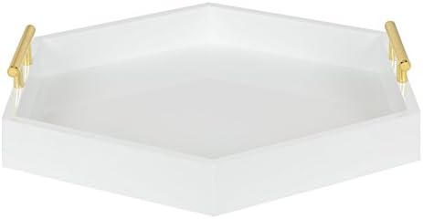 Kate and Laurel Lipton Hexagon Decorative Tray with Polished Metal Handles, White and Gold - Image 2
