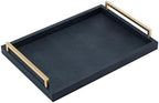 XIGEXIGE Black Faux Leather Serving Tray, 17x12 inches, Brushed Gold Handles, Decorative Tray for Ottoman Coffee Table, Living Room, Kitchen, Bathroom - Image 2