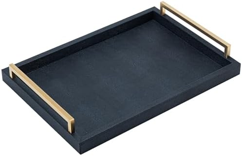XIGEXIGE Black Faux Leather Serving Tray, 17x12 inches, Brushed Gold Handles, Decorative Tray for Ottoman Coffee Table, Living Room, Kitchen, Bathroom - Image 2
