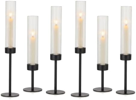 Glasseam Black Candlestick Holders, 6Pcs Fluted Glass Hurricane with Taper by Glasseam