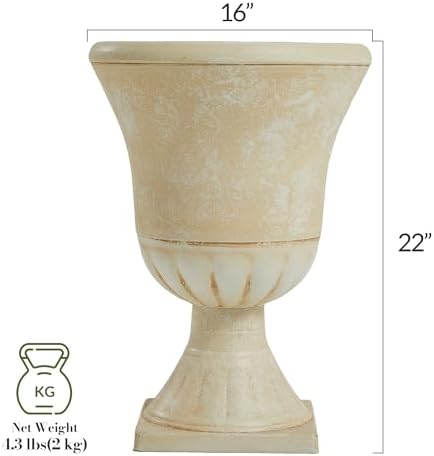 Worth Garden Plastic Urn Planters for Outdoor Plants, Tree 22'' Tall 2 Pack Round Classic Resin Flower Pots Indoor Beige Traditional Front Porch 15 in Dia. Large Imitation Stone Decorative Patio Deck - Image 3