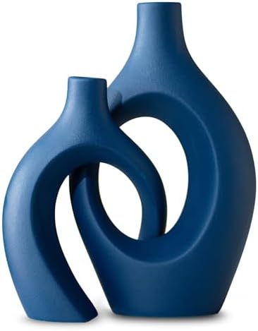 Levvohd Snuggle Hollow Ceramic Vase Set of 2, 11 inch Modern Nordic Coastal Shaped Pampas Grass Aesthetic Decorative Table Vases for Living Room Shelf Home Decor (Matte Navy Blue -L) by 100hand-madeworks