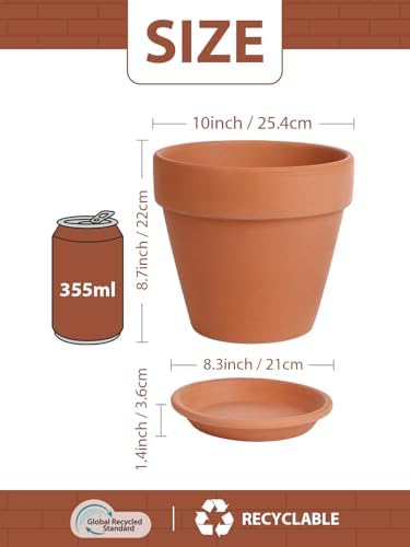 INGOFIN Terracotta Pot with Saucer - 10 Inch Ceramic Clay Pot for Plants with Drainage Hole, Large Terra Cotta Flower Planter with Tray for Indoor Outdoor Plants - Image 2