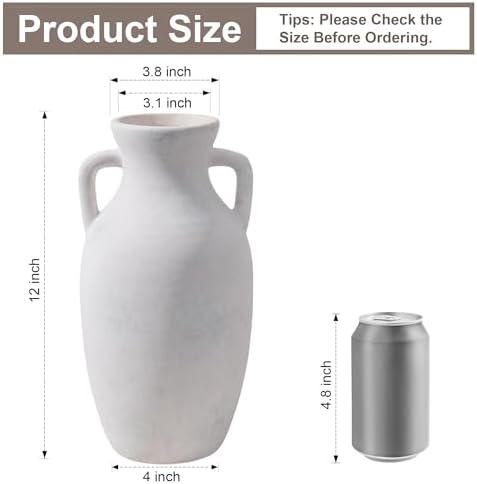 Ceramic Flower Vase with Handles, Neutral Tall Clay Decorative Terracotta Vases Farmhouse Table Vases Living Room Decor Rustic Pottery Pots for Home Shelf Coffee Dining Desk (A-12 h-Antique Beige) - Image 2