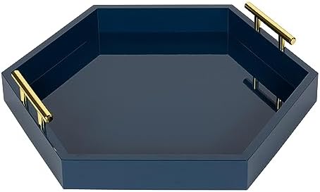 Kate and Laurel Lipton Hexagon Decorative Tray with Polished Metal Handles, Navy Blue and Gold - Image 5