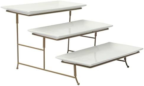 Gibson Home Gracious Dining Dinnerware, 3-Tier Rectangle Plate Serving Set with Gold Metal Stand, White - Image 5