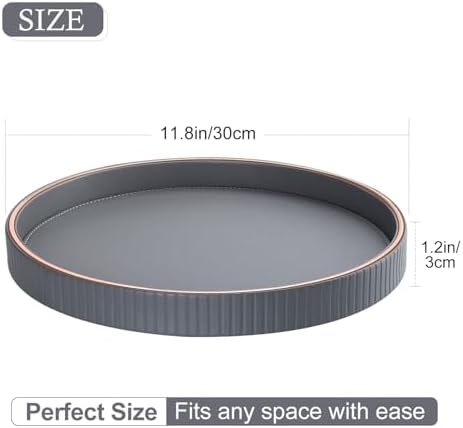 GORESE 12" Round Coffee Table Tray for Home Decor, PU Leather Decorative Serving Tray for Home & Entryway Tables, Perfume and Jewelry Tray for Dresser & Nightstand, Gray - Image 2