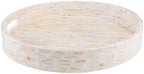 PEMAR 12.6” Decorative Round Serving Tray, Mother of Pearls Inlaid Coffee Table Tray w Insert Handles,Nacred Wooden Ottoman Tray,Bedroom Tray,Cabin Tray. Decorative Platter Basket Tray (White Pattern) - Image 2