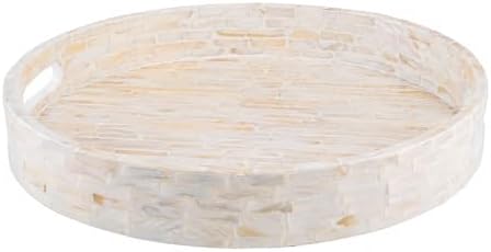 PEMAR 12.6” Decorative Round Serving Tray, Mother of Pearls Inlaid Coffee Table Tray w Insert Handles,Nacred Wooden Ottoman Tray,Bedroom Tray,Cabin Tray. Decorative Platter Basket Tray (White Pattern) - Image 2