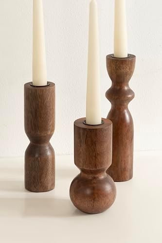 Kate and Laurel Pico Modern Three-Piece Mango Wood Taper Candle Holder Set, Set of 3, Walnut Brown, Transitional Wooden Candlestick Holders for Dining Table or Fireplace Mantel Display - Image 5