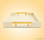 Modern Elegant 17.5”x12” Rectangle Cream Rectangle Shagreen Faux Leather Decorative Tray Ottoman Tray Coffee Table Perfume Living Room Kitchen Serving Tray with Gold Polished Metal Handles. - Image 4