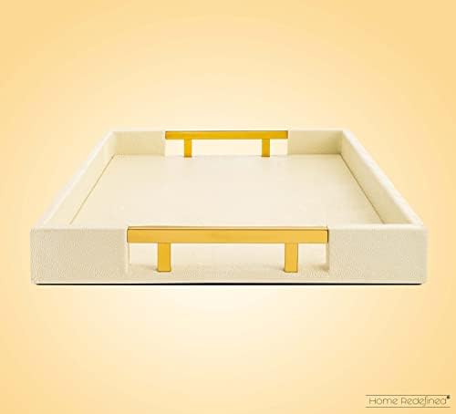 Modern Elegant 17.5”x12” Rectangle Cream Rectangle Shagreen Faux Leather Decorative Tray Ottoman Tray Coffee Table Perfume Living Room Kitchen Serving Tray with Gold Polished Metal Handles. - Image 4