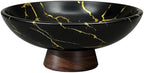 Black Marble Texture Decorative Bowl with Wood Base – 11" Modern Pedestal Fruit Bowl for Dining Table, Kitchen or Entryway Décor by LFLKPY