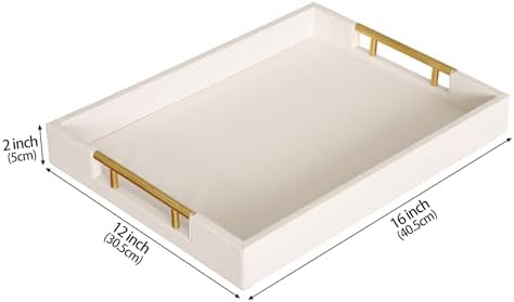 HofferRuffer Faux Leather Serving Tray with Gold Metal Handles, Stylish Decorative Tray Organizer for Coffee Table, Ottoman, Home Decor and Serving (CreamWhite, 16.2" x 12.2" x 2") - Image 2