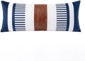 14x36 Lumbar Pillow Cover, Navy Blue Stripe and Brown Faux Leather Color Block Long Throw Pillow Case for Couch Bed Sofa, Farmhouse Modern Decorative Body Cushion Cover for Covered Porch by Vfuty