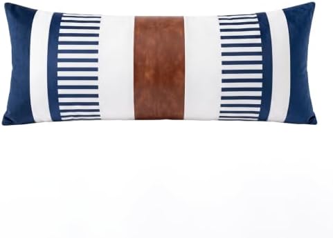 14x36 Lumbar Pillow Cover, Navy Blue Stripe and Brown Faux Leather Color Block Long Throw Pillow Case for Couch Bed Sofa, Farmhouse Modern Decorative Body Cushion Cover for Covered Porch by Vfuty