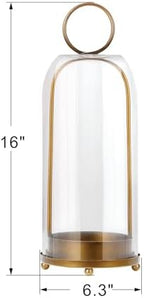 16" High Versatile Modern Metal Hurricane Lantern with Handmade Sturdy Glass Dome in Antique Brass for Pillar Candle & Plants, Industrial, Farmhouse, Shabby Chic (Brass, 6.3"x16.5") - Image 2
