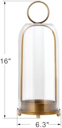 16" High Versatile Modern Metal Hurricane Lantern with Handmade Sturdy Glass Dome in Antique Brass for Pillar Candle & Plants, Industrial, Farmhouse, Shabby Chic (Brass, 6.3"x16.5") - Image 2