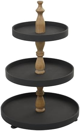 Deco 79 Wood 3 Level Tiered Server with Wood Post, 16" x 16" x 24", Black by Unknown