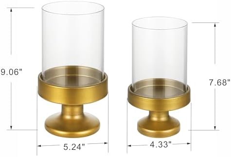 Set of 2 Glass Hurricane Candle Holders for Pillars with Metal Base in Antique Brass, Glass Candle Holder, Centerpiece, for Weddings, Dinner Parties, Dining Tables, Console Tables, Mantels - Image 2