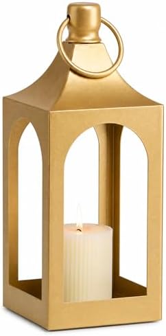 MOZEAL 15" Medium Grace Spire Hanging Lantern - Gold Heavy Metal No Glass - in/Out Use, for Centerpieces/Tables/Shelves/Hooks - Vers Event/Home - Lux Holiday Holder for Pillar/LED Lights by MOZEAL