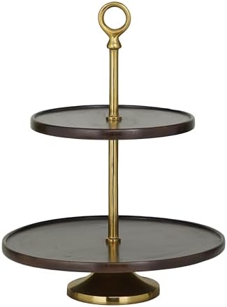 Deco 79 Mango Wood 2 Level Tiered Server with Gold Stand, 14" x 14" x 18", Dark Brown - Image 3