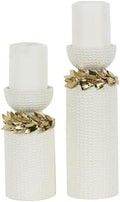 Deco 79 Ceramic Decorative Candle Holder Candle Stand with Abstract Spotted Pattern and Gold Leaf Accents, Set of 2 Candlestick Holder 12", 9" H, White by Unknown