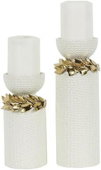 Deco 79 Ceramic Decorative Candle Holder Candle Stand with Abstract Spotted Pattern and Gold Leaf Accents, Set of 2 Candlestick Holder 12", 9" H, White by Unknown