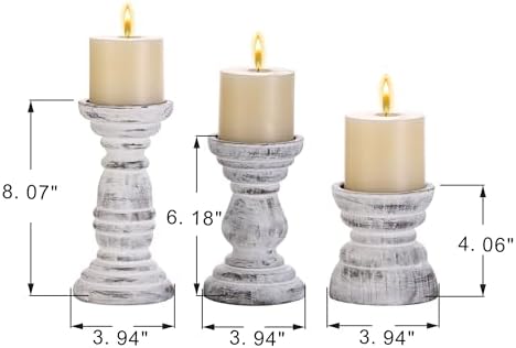 Rustic Wooden Pillar Candle Holders Set of 3 in Distressed White, Florence Style, Farmhouse Wooden Candle Holder, Wooden Candle Stand, Small Wooden Candlestick Holders, Living Room, Table Centerpiece - Image 2