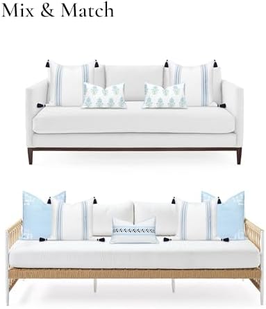 Hofdeco Premium Coastal Patio Indoor Outdoor Throw Pillow Cover Only, 20"x20" Water Repellent for Backyard, Couch, Baby Blue Embroidered Stripes with Tassels - Image 4