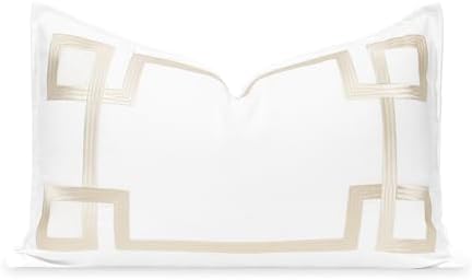 Hofdeco Premium Coastal Patio Indoor Outdoor Lumbar Pillow Cover Only, 12"x20" Water Repellent for Backyard, Couch, Neutral Tan Embroidered Frame Greek Key by HofdecoPremium