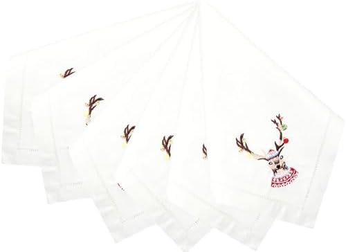 Embroidered Cloth Napkin Deer Christmas Cotton Napkins Set of 6, 20x20 Hemstitch Table Napkins Machine Washable, Daily & Christmas, Great Present Ideas by Unknown