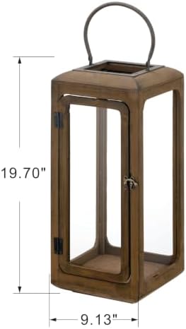 18" High Decorative Wood and Glass Lantern with Metal Handle, Brown Whitewash, Candle Holder (Brown, Large) - Image 2