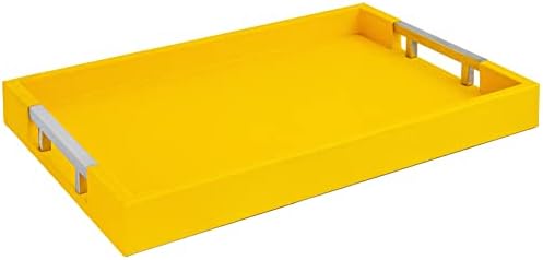 Modern Elegant 17.5"x12" Rectangle Yellow Shagreen Faux Leather Decorative Tray Ottoman Coffee Table Perfume Dresser Kitchen Serving Tray with Silver Metal Handles by Home Redefined for All Occasion's by HomeRedefined