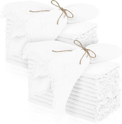 TURSTIN 24 Pieces Cotton Linen Cloth Napkin Handmade Cloth Napkin with Fringe 17 x 17 Inch Soft Cloth Dinner Wedding Napkin Square Rustic Fringe Table Napkin for Parties, Weddings, Ivory White by TURSTIN