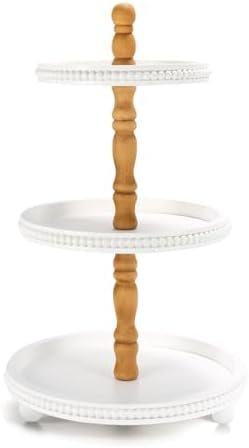 SYNCVIBE Wooden Farmhouse Round White 3 Tiered Decorative Tray Stand by SYNCVIBE