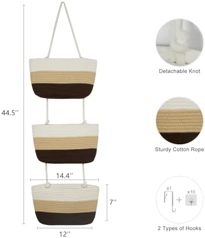 TeoKJ Over the Door Hanging Basket, 3-Tier Woven Cotton Wall-Mounted Storage Organizer Bag Decorative Hanging Nursery Baskets，Gradient Brown - Image 5