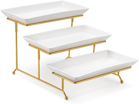 MALACASA 3 Tier Serving Trays for Party, 12 Inch Porcelain White Trays for Serving Food, Dessert Stand with Collapsible Gold Metal Rack by MALACASA