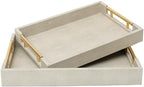 SwallowLiving Set of 2 Shagreen Serving Tray with Gold Polished Metal Handles Ivory Wood Decorative Tray PU Leather with Brushed Gold for Coffee Table Ottoman Console Table by SwallowLiving