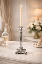 Pewter Candlestick Holder, 12 Inch Tall Single Taper Candle Holder, Ornate Decorative Metal Candle Stand with Embossed Floral Detail and 4 Inch Base for Tabletop Decor - Image 7