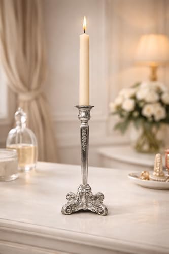 Pewter Candlestick Holder, 12 Inch Tall Single Taper Candle Holder, Ornate Decorative Metal Candle Stand with Embossed Floral Detail and 4 Inch Base for Tabletop Decor - Image 7