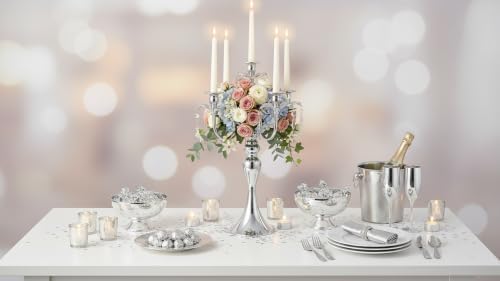 20.3'' Tall 5 Arm Candle Holder Centerpiece for Table, Metal Candelabra Candle Holder, Retro Candlestick Table Centerpieces for Party, Events, Home, Wedding Decor (1Pc, Silver) - Image 3