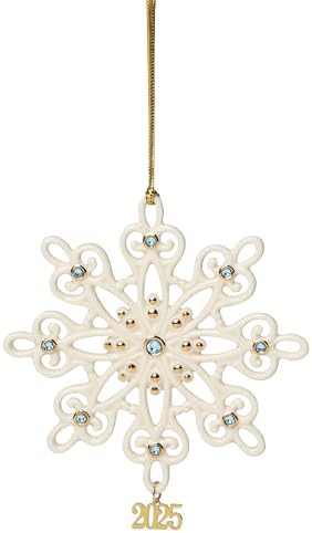Lenox Ornament, 2025 Gemmed Snowflake Ornament, Porcelain with Gold Accents and Blue Gemstones, Christmas Tree Decorations, Christmas Decoration, Gold Cord for Hanging Included (Cream, 1 Piece) by Lenox