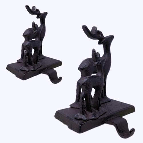 Chalily 3-D Double Deer Christmas Stocking Holder Cast Iron Hooks for Christmas Socks Easily Rest on a Mantel, Fireplace, or Book Shelf Heavy Duty & Durable Holiday Season Decor (Set of 2) - Image 2