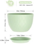WSMKSZ 12 Inch Large Plant Pots for Indoor or Outdoor Plants, Wide Water Ripples Flower Pots with Drainage Holes & Saucer, Plastic Planters Set for Garden & Home Decor (Green) - Image 2