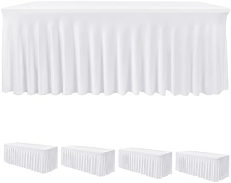 4 Pack White Spandex Table Covers 4ft Rectangle Ruffle Skirts for Party by HolidayIdeas